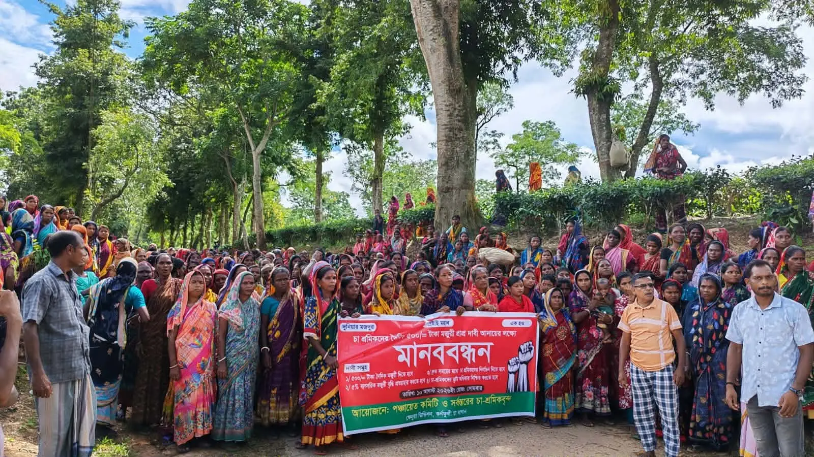 ভূমির অধিকার ও মজুরি বাড়ানোর দাবিতে চা-শ্রমিকদের বিক্ষোভ ও মানববন্ধন